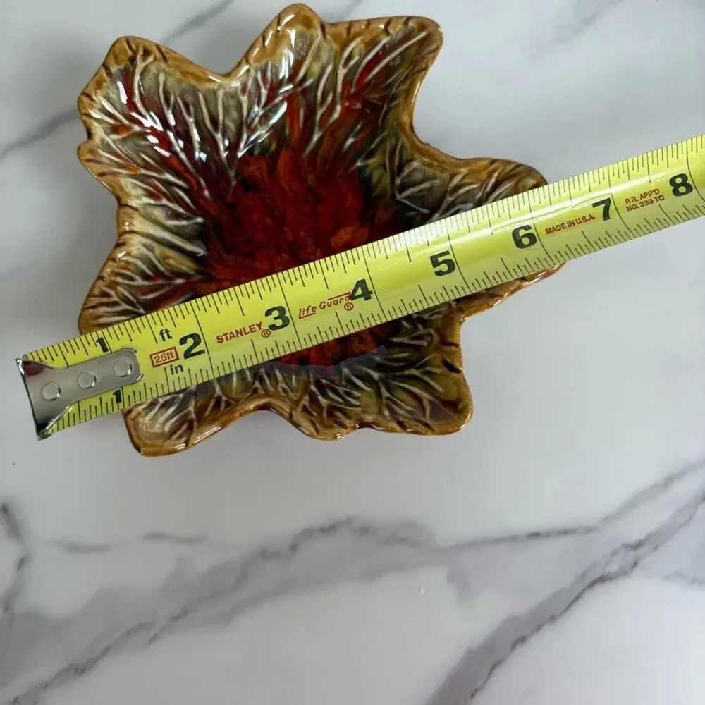 Vintage USA Pottery 721 Leaf Bowl Dish Brown Red Green Glaze Mid Century Decor